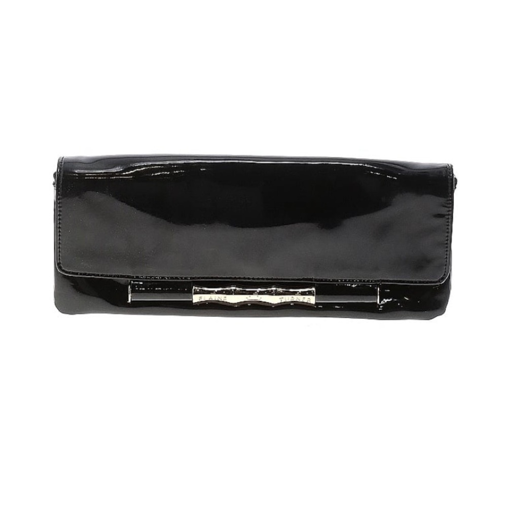 Elaine Turner black patent leather clutch with gold bamboo hardware
